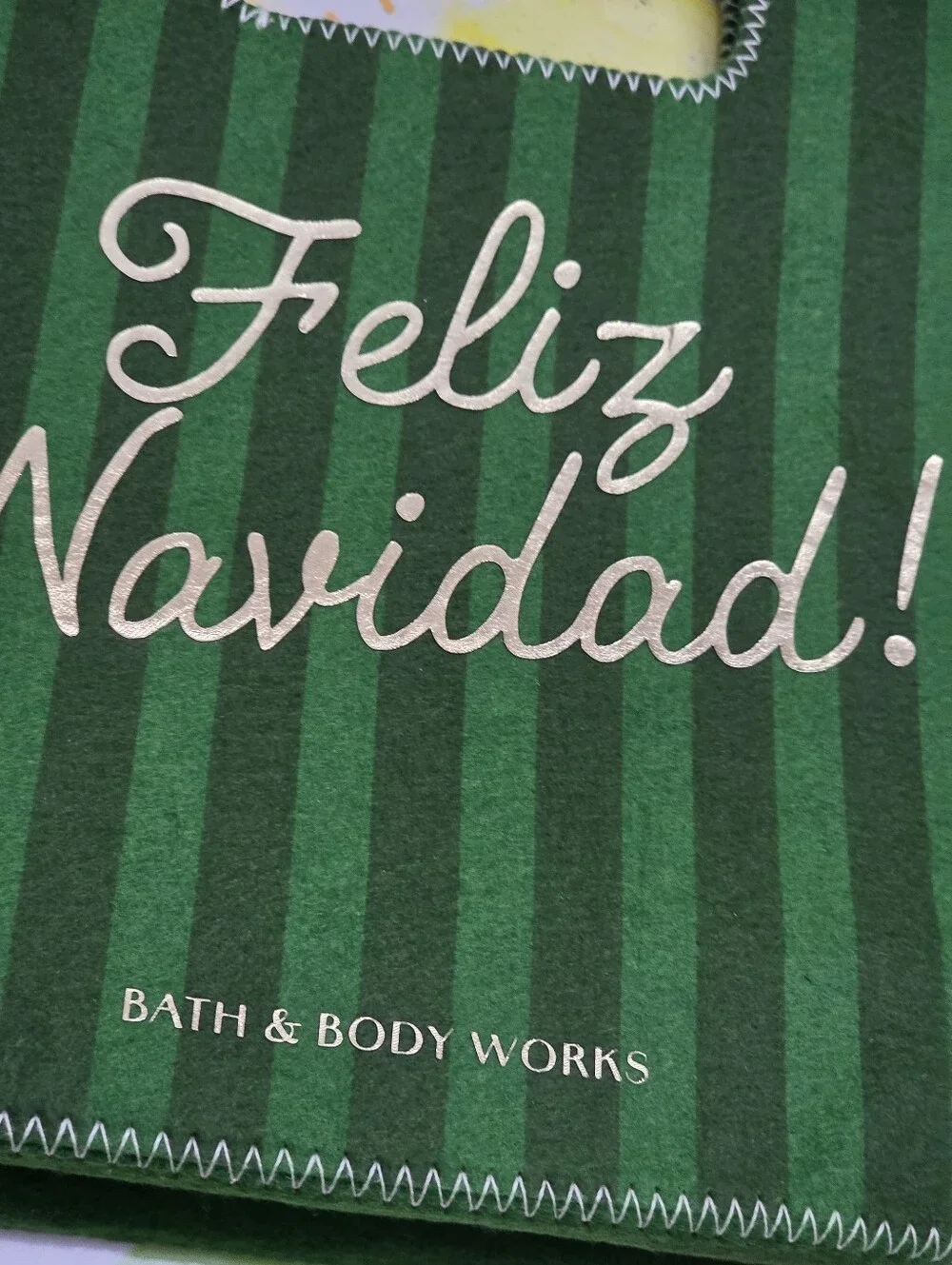 Bath Body Works Green Striped 'Feliz Navidad' Mini Gift Bag with Gold Lettering